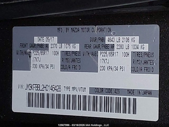 12567996 :رقم المزاد ، JM3KFBBL2H0146428 vin ، 2017 Mazda Cx-5 Gx مزاد بيع