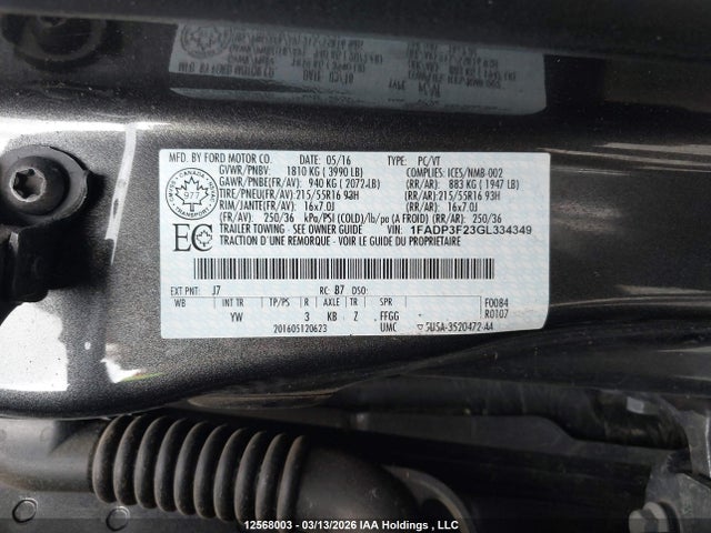 Продажа на аукционе авто 2016 Ford Focus Se, vin: 1FADP3F23GL334349, номер лота: 12568003