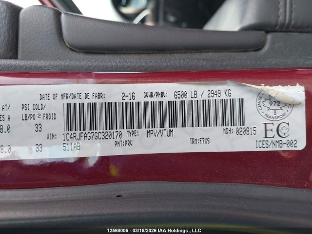 Продаж на аукціоні авто 2016 Jeep Grand Cherokee Laredo, vin: 1C4RJFAG7GC320170, номер лоту: 12568005
