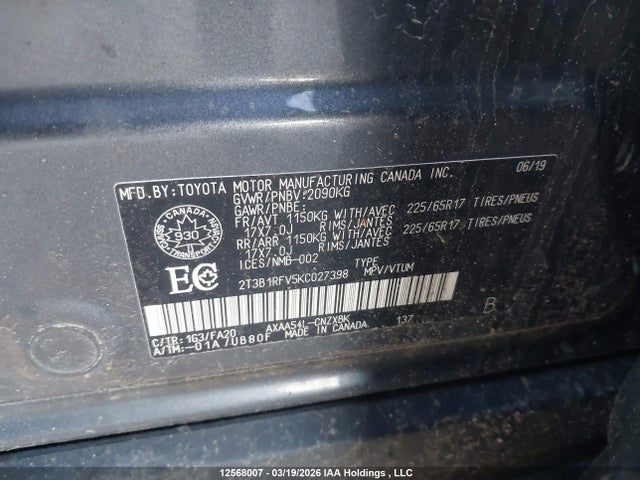 Aukcja sprzedaży 2019 Toyota Rav4 Le, vin: 2T3B1RFV5KC027398, numer aukcji: 12568007