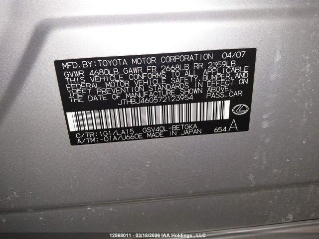 12568011 :رقم المزاد ، JTHBJ46G572123954 vin ، 2007 Lexus Es350 مزاد بيع