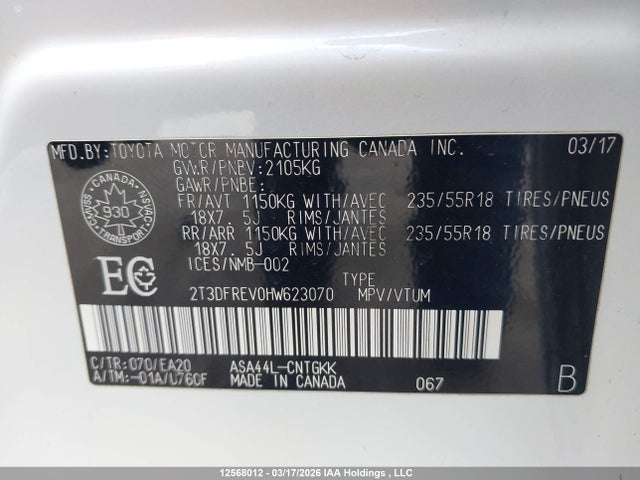 2017 Toyota Rav4 Limited/se/platinum მანქანა იყიდება აუქციონზე, vin: 2T3DFREV0HW623070, აუქციონის ნომერი: 12568012