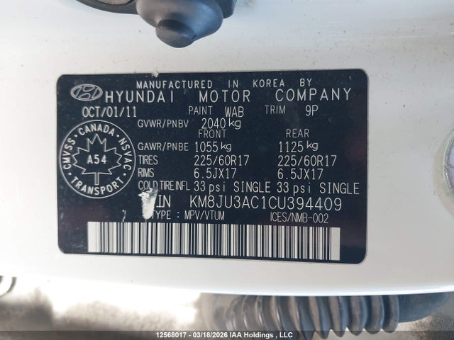 12568017 :رقم المزاد ، KM8JU3AC1CU394409 vin ، 2012 Hyundai Tucson مزاد بيع
