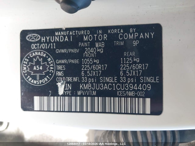 12568017 :رقم المزاد ، KM8JU3AC1CU394409 vin ، 2012 Hyundai Tucson مزاد بيع