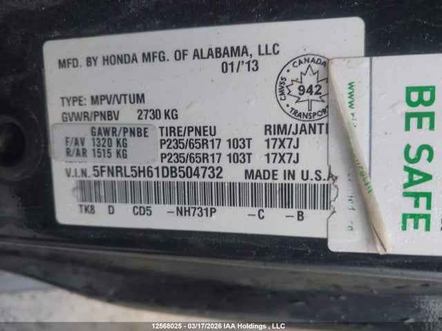 Aukcja sprzedaży 2013 Honda Odyssey Ex-l, vin: 5FNRL5H61DB504732, numer aukcji: 12568025