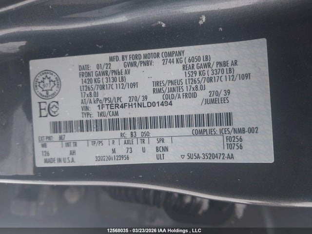 Продажа на аукционе авто 2022 Ford Ranger Xlt, vin: 1FTER4FH1NLD01494, номер лота: 12568035
