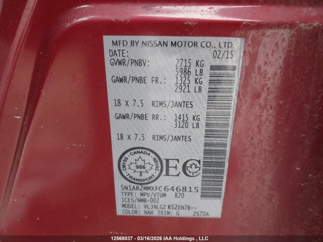 12568037 :رقم المزاد ، 5N1AR2MMXFC646815 vin ، 2015 Nissan Pathfinder S/sv/sl/platinum مزاد بيع