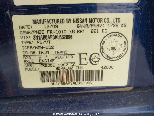 Продажа на аукционе авто 2010 Nissan Sentra 2.0/2.0s/sr/2.0sl, vin: 3N1AB6AP3AL652096, номер лота: 12568050