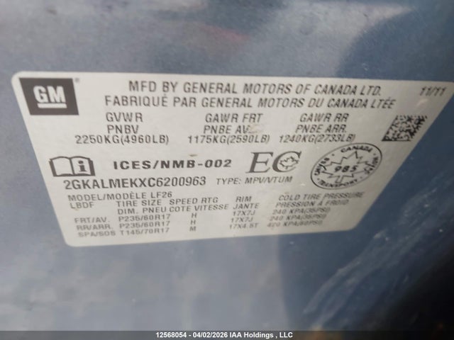 12568054 :رقم المزاد ، 2GKALMEKXC6200963 vin ، 2012 Gmc Terrain Sle مزاد بيع
