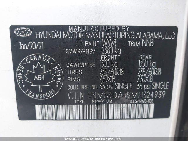 2021 Hyundai Santa Fe Sel მანქანა იყიდება აუქციონზე, vin: 5NMS3DAJ9MH324939, აუქციონის ნომერი: 12568060