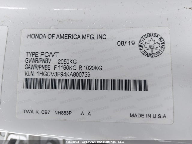 1HGCV3F94KA800739 Honda Accord Hybrid Touring