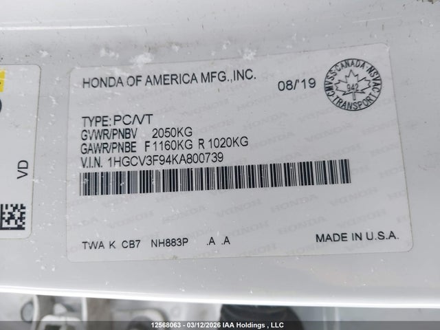 1HGCV3F94KA800739 Honda Accord Hybrid Touring
