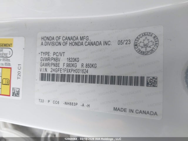 2HGFE1F9XPH001624 Honda Civic Touring