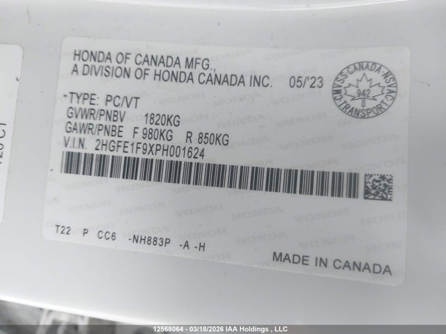 2HGFE1F9XPH001624 Honda Civic Touring