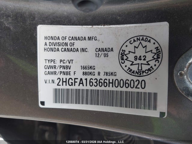 2006 Honda Civic მანქანა იყიდება აუქციონზე, vin: 2HGFA16366H006020, აუქციონის ნომერი: 12568074