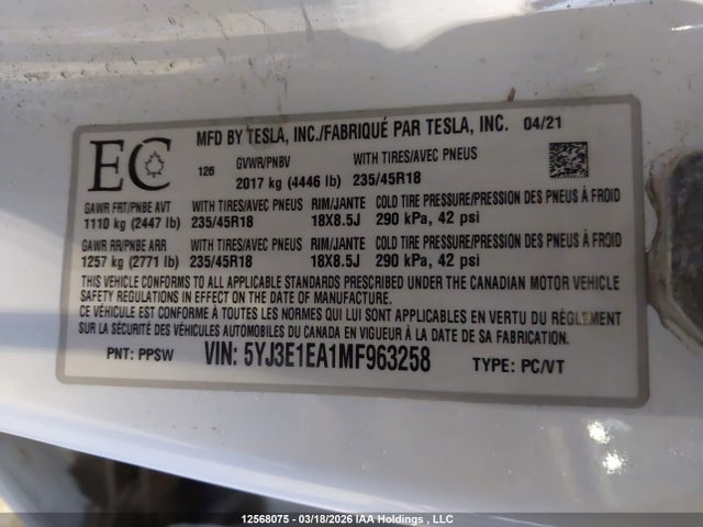 Aukcja sprzedaży 2021 Tesla Model 3 Standard Range/standard Range Plus, vin: 5YJ3E1EA1MF963258, numer aukcji: 12568075