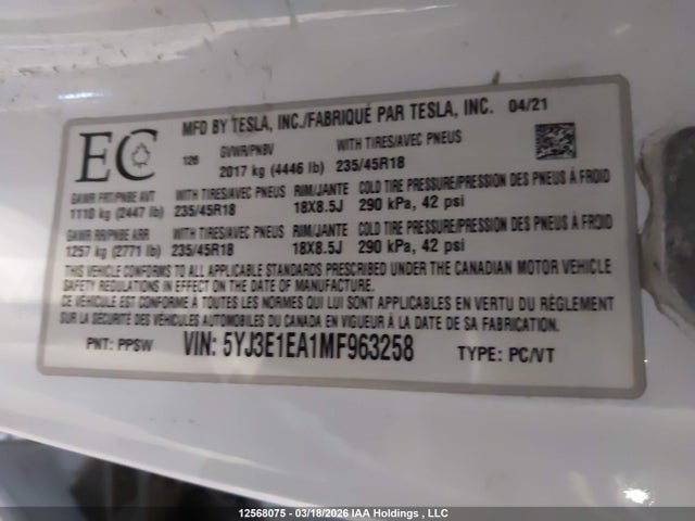 Aukcja sprzedaży 2021 Tesla Model 3 Standard Range/standard Range Plus, vin: 5YJ3E1EA1MF963258, numer aukcji: 12568075