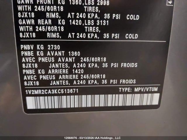 1V2MR2CA3KC513671 Volkswagen ATLAS SEL