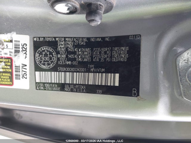 12568080 :رقم المزاد ، 5TDZK3DC8DS342001 vin ، 2013 Toyota Sienna مزاد بيع
