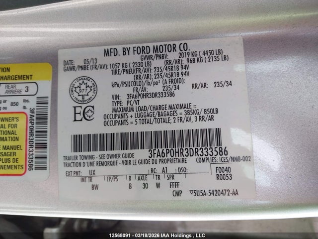 2013 Ford Fusion Se მანქანა იყიდება აუქციონზე, vin: 3FA6P0HR3DR333586, აუქციონის ნომერი: 12568091
