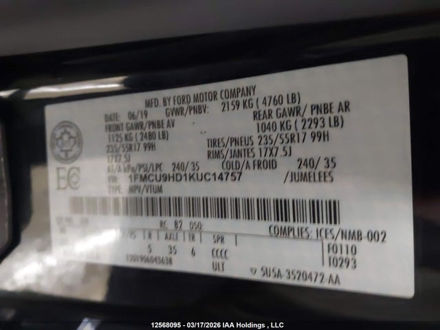 Aukcja sprzedaży 2019 Ford Escape Sel, vin: 1FMCU9HD1KUC14757, numer aukcji: 12568095