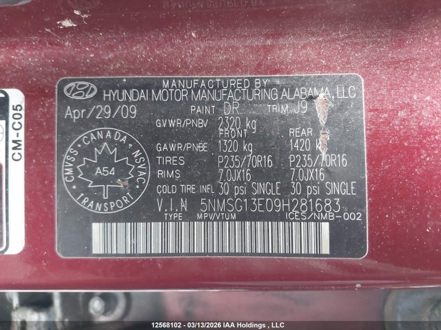 Продаж на аукціоні авто 2009 Hyundai Santa Fe, vin: 5NMSG13E09H281683, номер лоту: 12568102