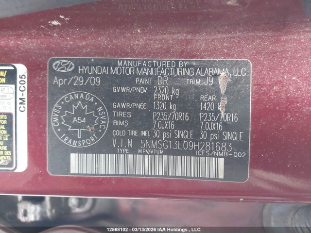 Продаж на аукціоні авто 2009 Hyundai Santa Fe, vin: 5NMSG13E09H281683, номер лоту: 12568102