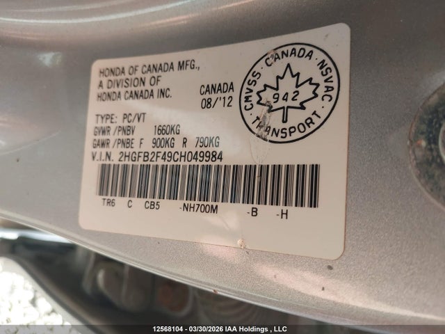 2012 Honda Civic Sdn მანქანა იყიდება აუქციონზე, vin: 2HGFB2F49CH049984, აუქციონის ნომერი: 12568104