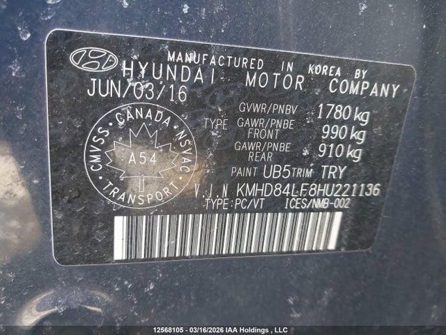 KMHD84LF8HU221136 Hyundai ELANTRA GL