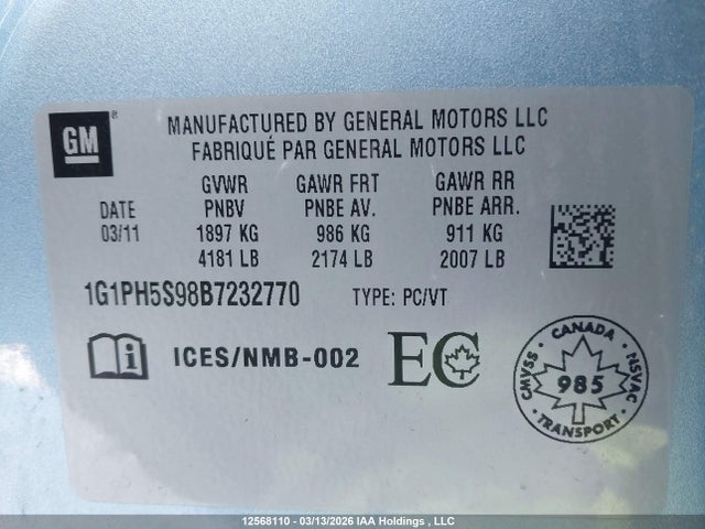 Aukcja sprzedaży 2011 Chevrolet Cruze Ltz, vin: 1G1PH5S98B7232770, numer aukcji: 12568110