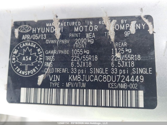 Продаж на аукціоні авто 2013 Hyundai Tucson Gls/limited, vin: KM8JUCAC8DU724449, номер лоту: 12568114