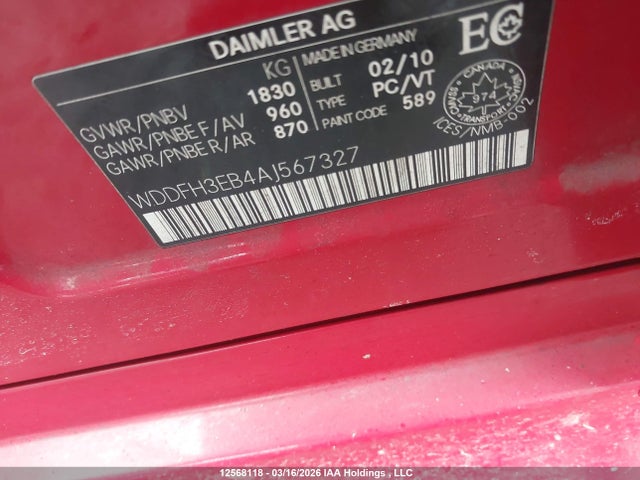 12568118 :رقم المزاد ، WDDFH3EB4AJ567327 vin ، 2010 Mercedes-benz B200 T مزاد بيع