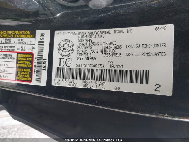 5TFLA5GDXNX001784 Toyota Tundra