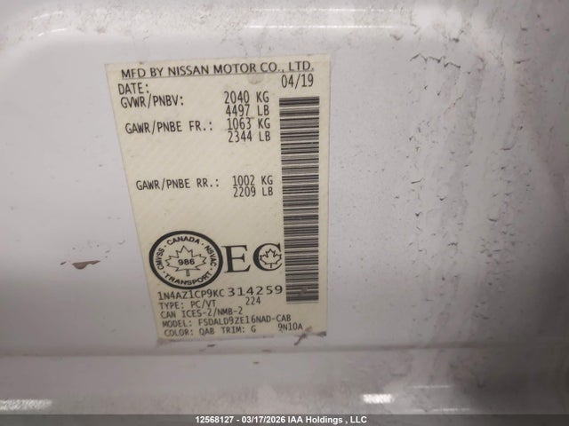 1N4AZ1CP9KC314259 Nissan Leaf S/sl/sv