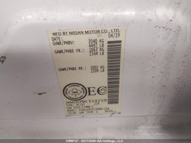 1N4AZ1CP9KC314259 Nissan Leaf S/sl/sv