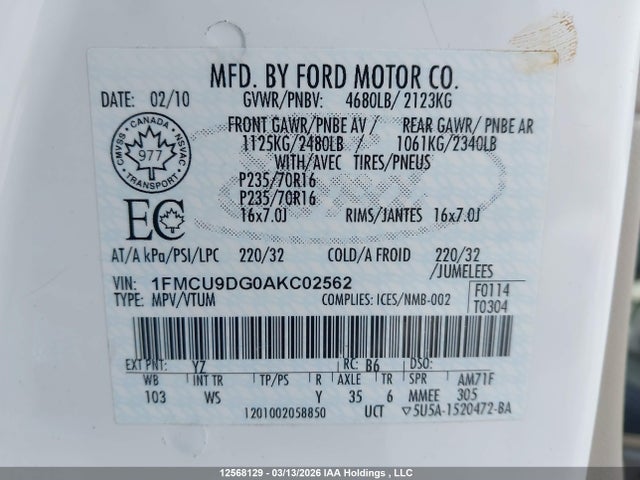 Aukcja sprzedaży 2010 Ford Escape Xlt Automatic, vin: 1FMCU9DG0AKC02562, numer aukcji: 12568129