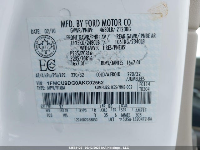 Aukcja sprzedaży 2010 Ford Escape Xlt Automatic, vin: 1FMCU9DG0AKC02562, numer aukcji: 12568129