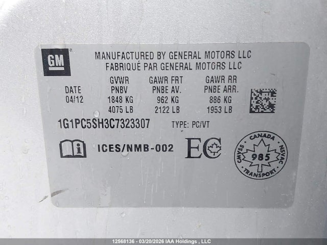 Продажа на аукционе авто 2012 Chevrolet Cruze Ls, vin: 1G1PC5SH3C7323307, номер лота: 12568136