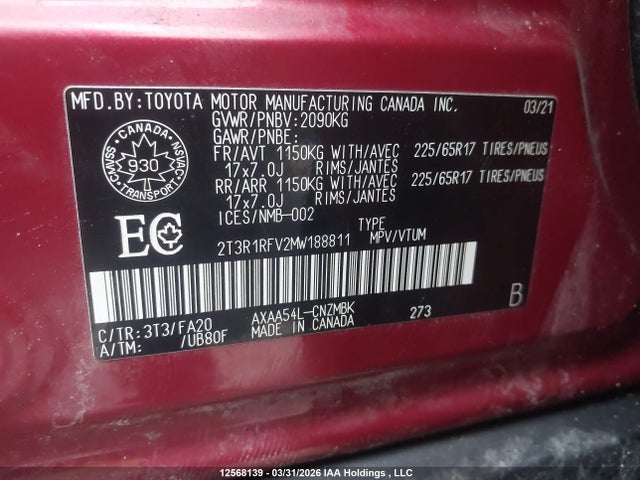 2T3R1RFV2MW188811 Toyota RAV4