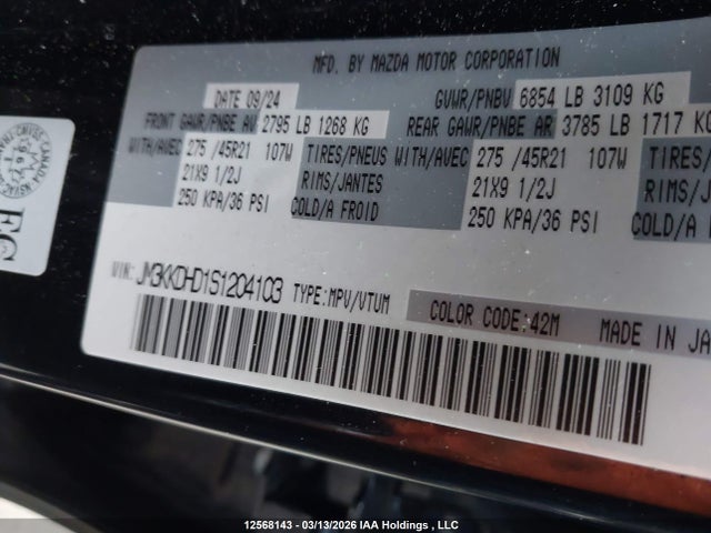 Aukcja sprzedaży 2025 Mazda Cx-90 Premium, vin: JM3KKDHD1S1204103, numer aukcji: 12568143
