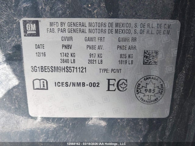 3G1BE5SM9HS571121 Chevrolet Cruze Lt Auto