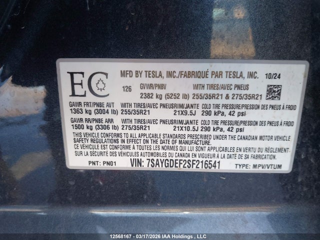 12568167 :رقم المزاد ، 7SAYGDEF2SF216541 vin ، 2025 Tesla Model Y Performance مزاد بيع