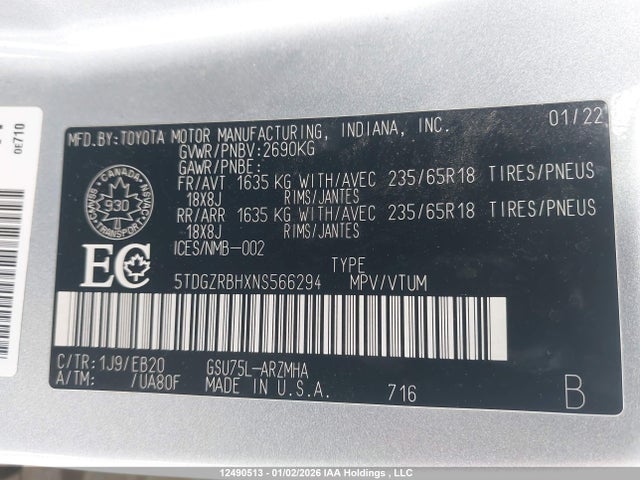 5TDGZRBHXNS566294 Toyota Highlander Xle