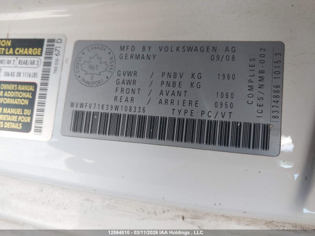 12564810 :رقم المزاد ، WVWFV71K39W108336 vin ، 2009 Volkswagen Gti 3-door مزاد بيع