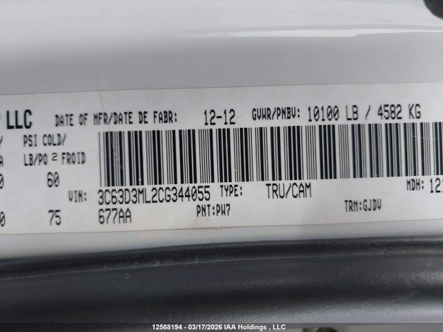12568194 :رقم المزاد ، 3C63D3ML2CG344055 vin ، 2012 Dodge Ram 3500 Laramie مزاد بيع