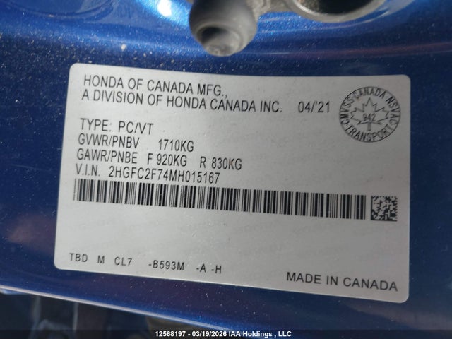 Aukcja sprzedaży 2021 Honda Civic Ex 4dr, vin: 2HGFC2F74MH015167, numer aukcji: 12568197