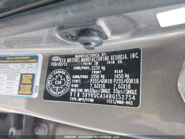 Продажа на аукционе авто 2011 Kia Sorento Ex, vin: 5XYKUCA14BG152754, номер лота: 12568205