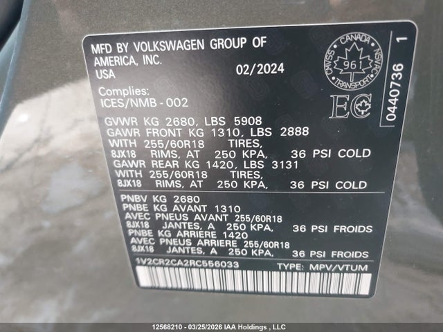 12568210 :رقم المزاد ، 1V2CR2CA2RC556033 vin ، 2024 Volkswagen Atlas مزاد بيع