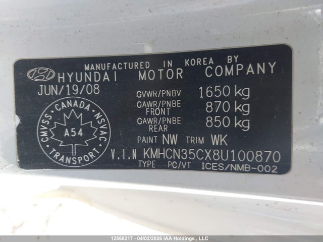 12568217 :رقم المزاد ، KMHCN35CX8U100870 vin ، 2008 Hyundai Accent Gs مزاد بيع