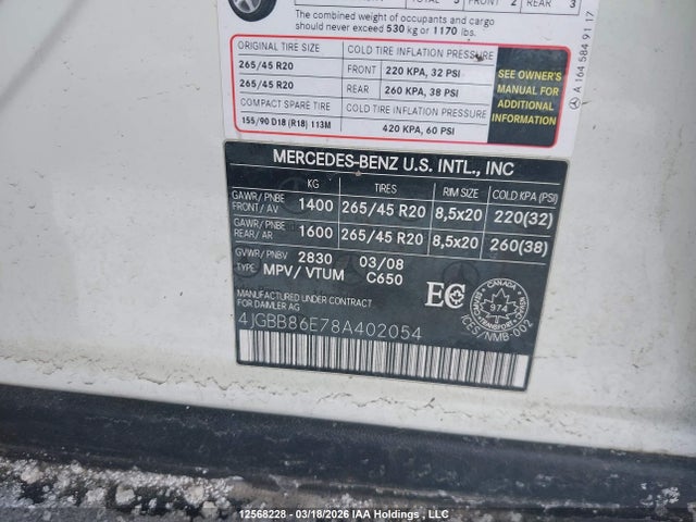Продаж на аукціоні авто 2008 Mercedes-benz Ml 350 4matic, vin: 4JGBB86E78A402054, номер лоту: 12568228